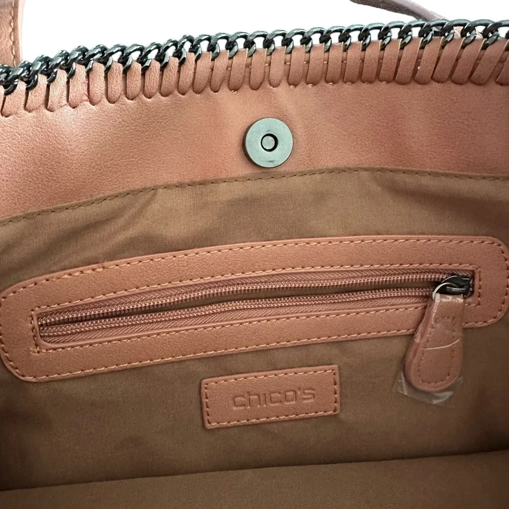Chico's Marbled Faux Leather Large Tote Bag Blush Tan Brown Metal Chain Trim NEW